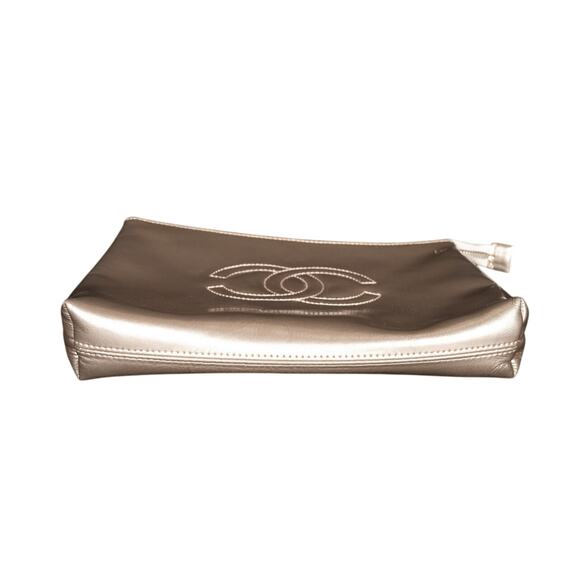 Chanel Metallic Rose Gold Leather Pouch Handbag | Quilted CC Logo | 10.25” x 8” - Picture 6 of 6